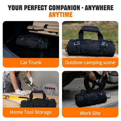 AASTT Portable Foldable Roll Up Tool Bag, Heavy Duty Tool Organizer Bag with 5 Compartments & 2 Detachable Pouches for Tools Storage, Waterproof Tool Roll Bag for Dad Men Electrician Mechanic Gifts