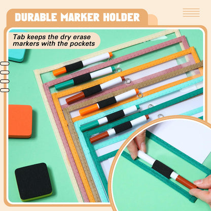 Watersay 24 Pcs Dry Erase Pocket Reusable Sleeves 10" x 14" Clear Plastic Sheet Protectors with Markers and Mini Dry Erasers for Paper(Boho)
