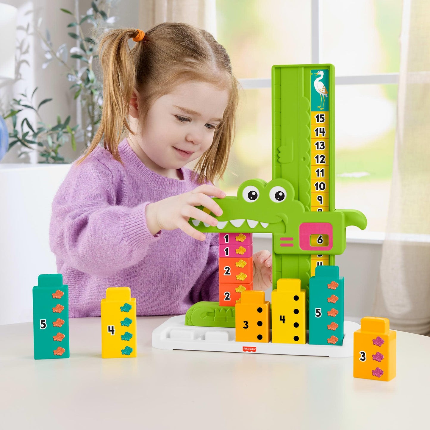 Fisher-Price Preschool Learning Toy Adding Alligator Counting Activity with 10 Stacking Blocks for Kids Ages 3+ Years