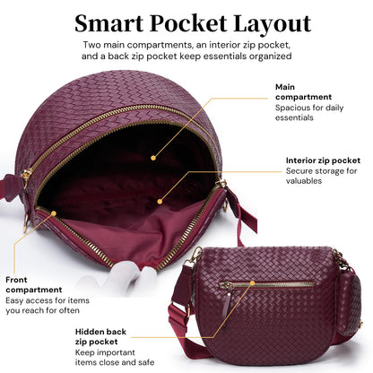 Woven Bum Bags for Women Vegan Leather Crossbody Bag with Coin Purse, Trendy Fanny Packs with Adjustable Wide Strap, Spacious Sling Shoulder Purse for Trave