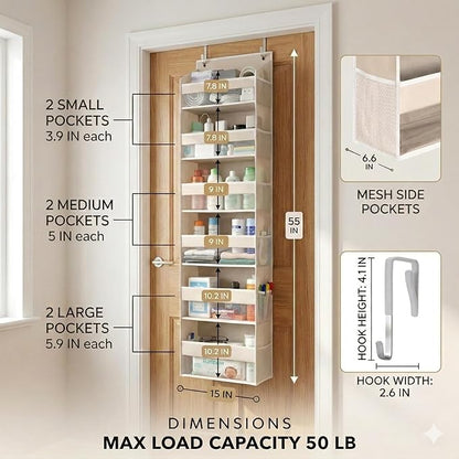 HOMELUX THEORY UPGRADED 6 Tiers Over The Door Organizer Hanging - 100D EXTRA THICK & 50lbs HUGE CAPACITY, 12 Side Mesh Pockets Over The Door Shoe Organizer, Hanging Closet Organizer (Ivory, 1pc)