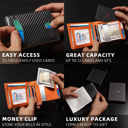 Zitahli Slim Wallet for Men Gifts 12 Card Slots ID Window With Money Clip Minimalist RFID Front Pocket Bifold Leather Small Thin Gift Box Dad Birthday Christmas Regalos Hombres