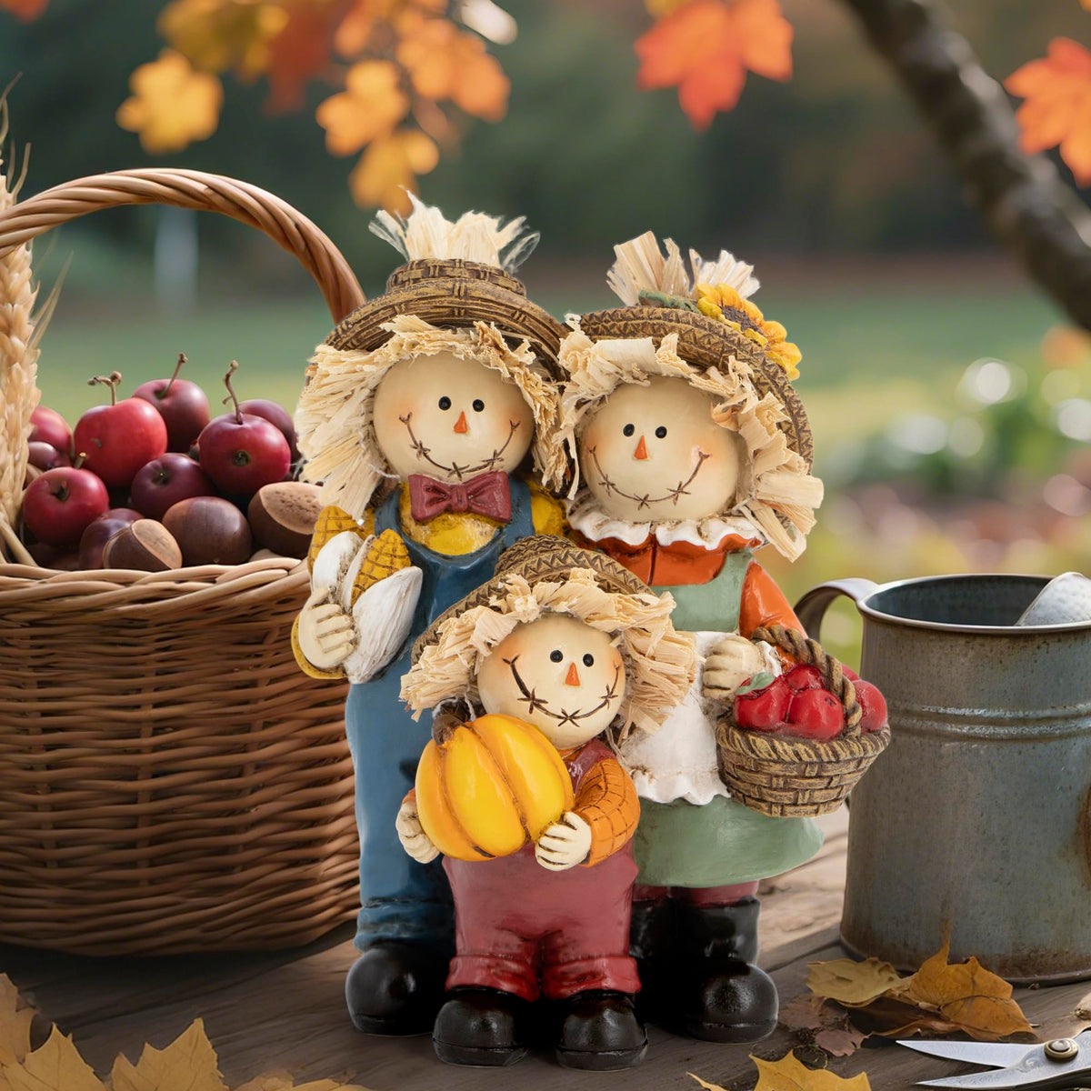 Hodao Thanksgiving Decorations for Table, Resin Fall Thanksgiving Scarecrow Family Figurine with Pumpkin, Corn & Apple Basket, Festive Gift for Autumn Home Decor
