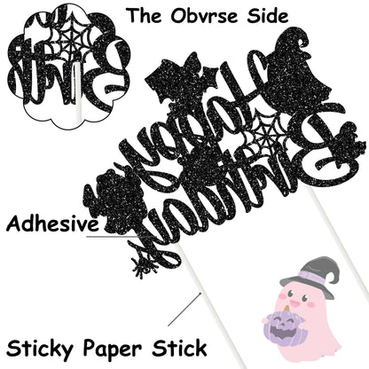 Halloween Ghost Happy Birthday Cake Topper Black Glitter Halloween Birthday Cake Decorations Pastel Ghost Cake Picks Ghosts Boo Day Baby Shower Decor for Birthday Party Supplies