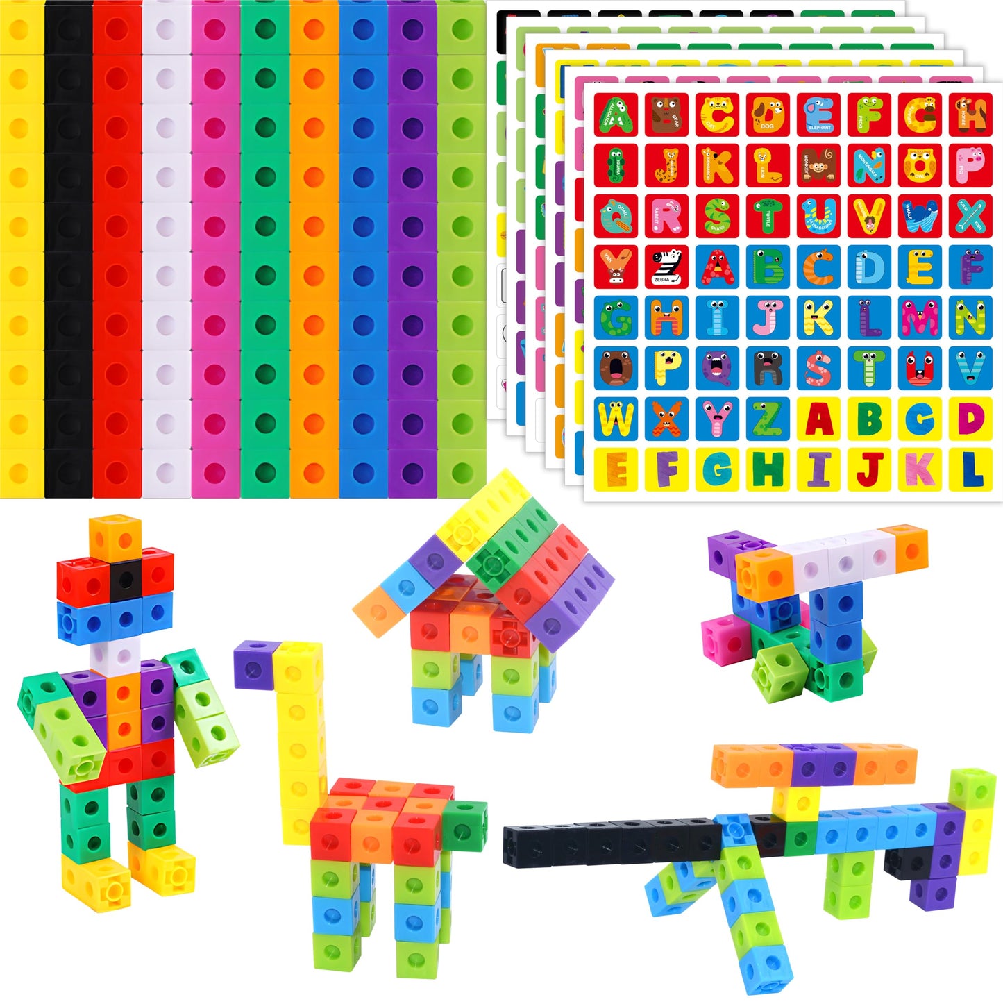 100 Math Linking Cubes, Math Cubes with 384 Reusable Stickers-Letters, Numbers, Shapes, Manipulative Geometric Connecting and Counting Blocks, Educational Toy for Kids Math Learning and Fun Activities