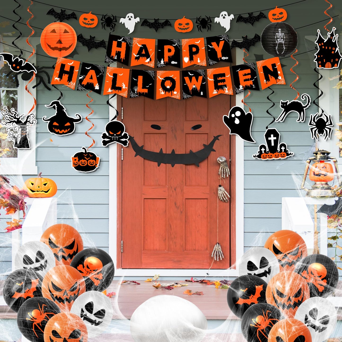 Halloween Decorations,Orange and Black Halloween Party Decorations Hanging Swirls,Ghost and Bat Spider Banner,Creepy Cloth, Balloon for Spooky halloween Decor Set