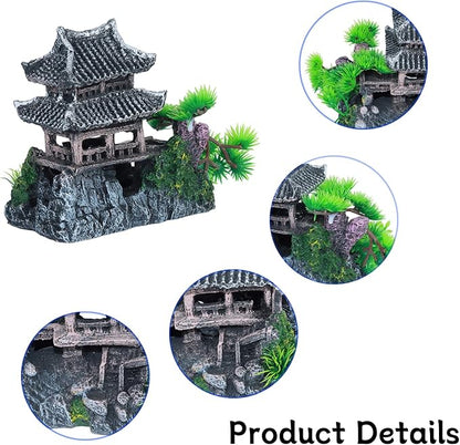 Saim Extra Large Aquarium Decorations, Resin Castle and Artificial Rock with Plants (Ancient Temple with Mountain) Fish Hideout Cave for Amano Shrimp Cichlid to Play, Hide and Rest Hardscape