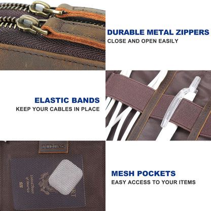 TIDING Leather Cable Electronics Organizer Case, Double Layer Travel Electronic Storage Bag for Charger, Cables, Phone, SD Card