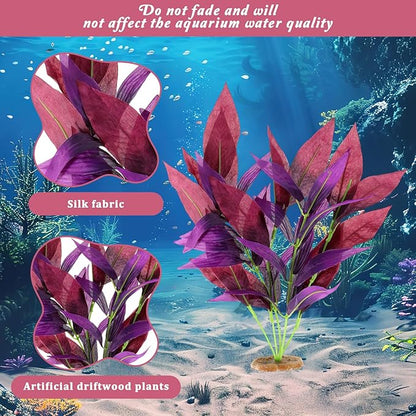 2 Pcs Silk Fish Tank Plants, Silk Plants for Fish Tank 14 Inch Aquarium Plant for Aquarium Goldfish Turtle Tanks Decorations Purple