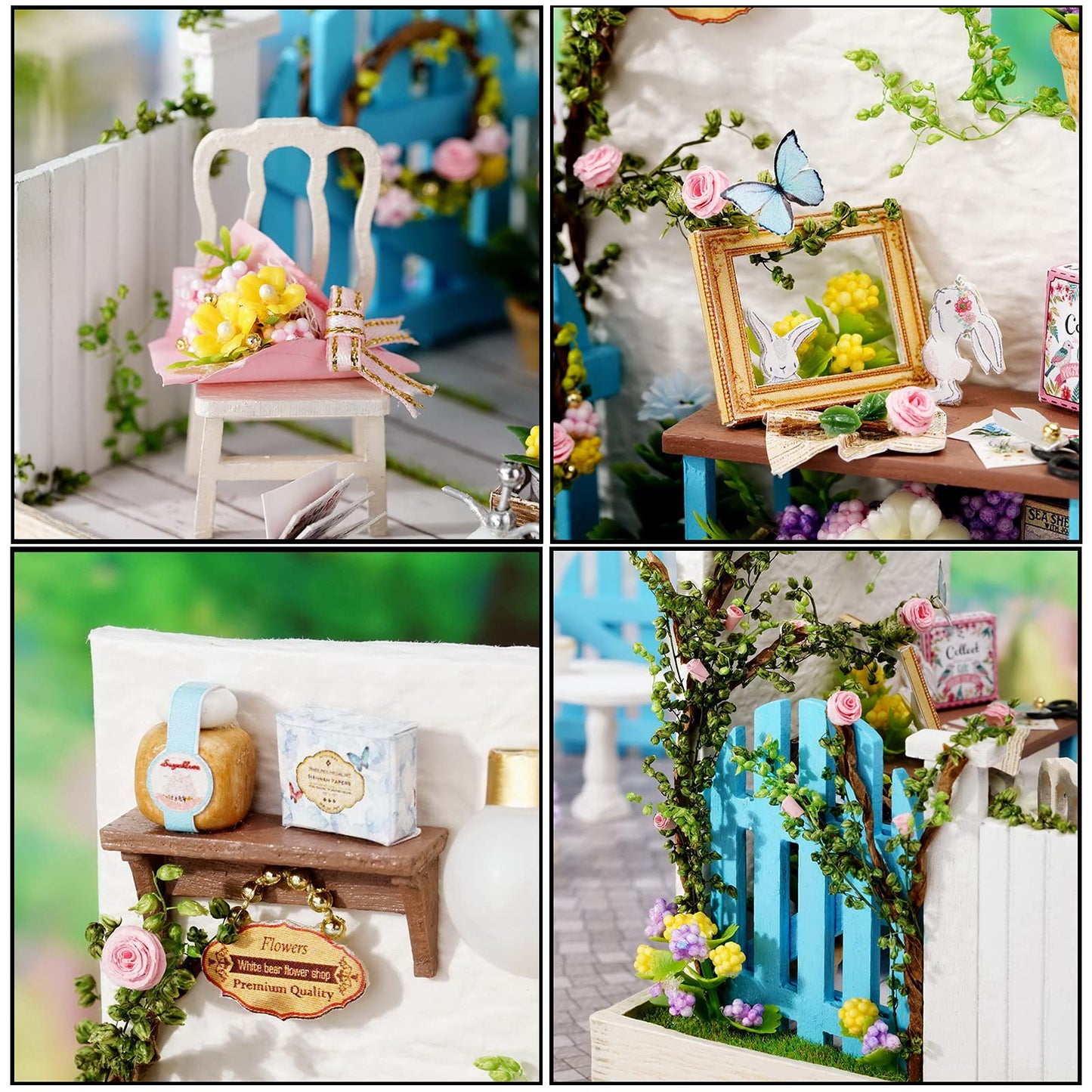 CUTEROOM DIY Doll House Miniature Furniture Wooden House Kit with Dust Cover & LED Light and Accessories -Corner of Garden
