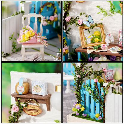 CUTEROOM DIY Doll House Miniature Furniture Wooden House Kit with Dust Cover & LED Light and Accessories -Corner of Garden