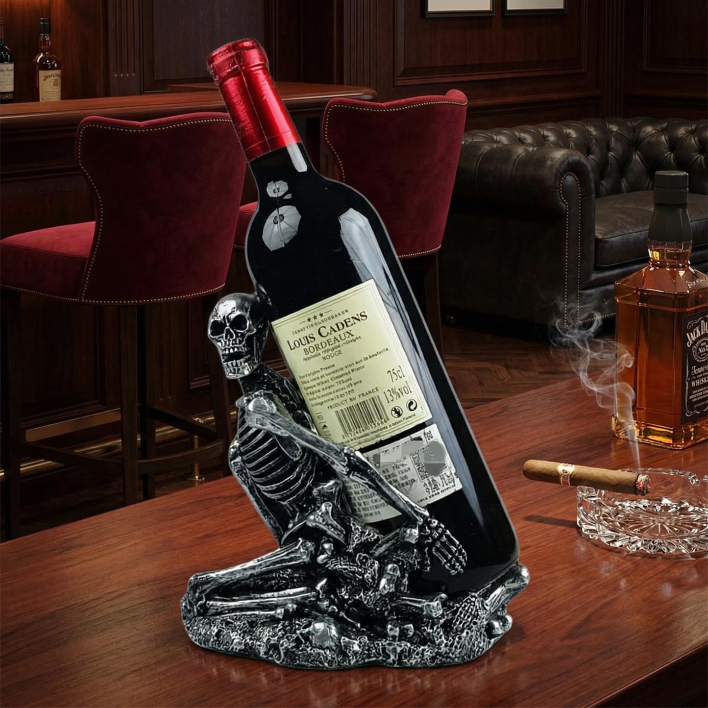 PDNPDN Gothic Skull Decorated Wine Bottle Rack, Halloween countertop Small Wine Rack, Room Emotional Decoration (Silvery)