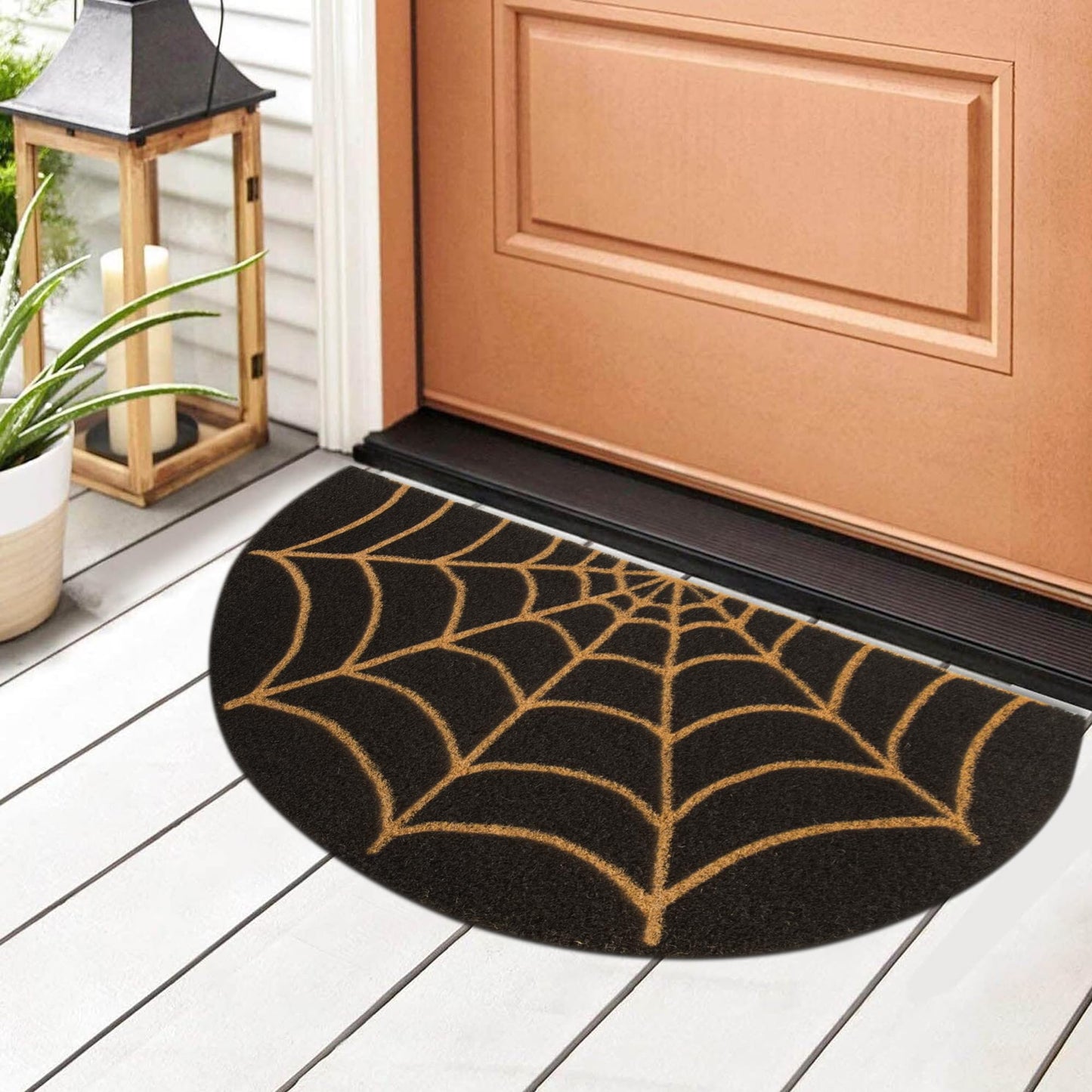 KorhLeoh Spider-Web Welcome Doormat Outdoor-Entrance - Half-Circle-Door-Mat Non-Slip Dark Artifical Coir Mats Halloween Decor 17"x29"