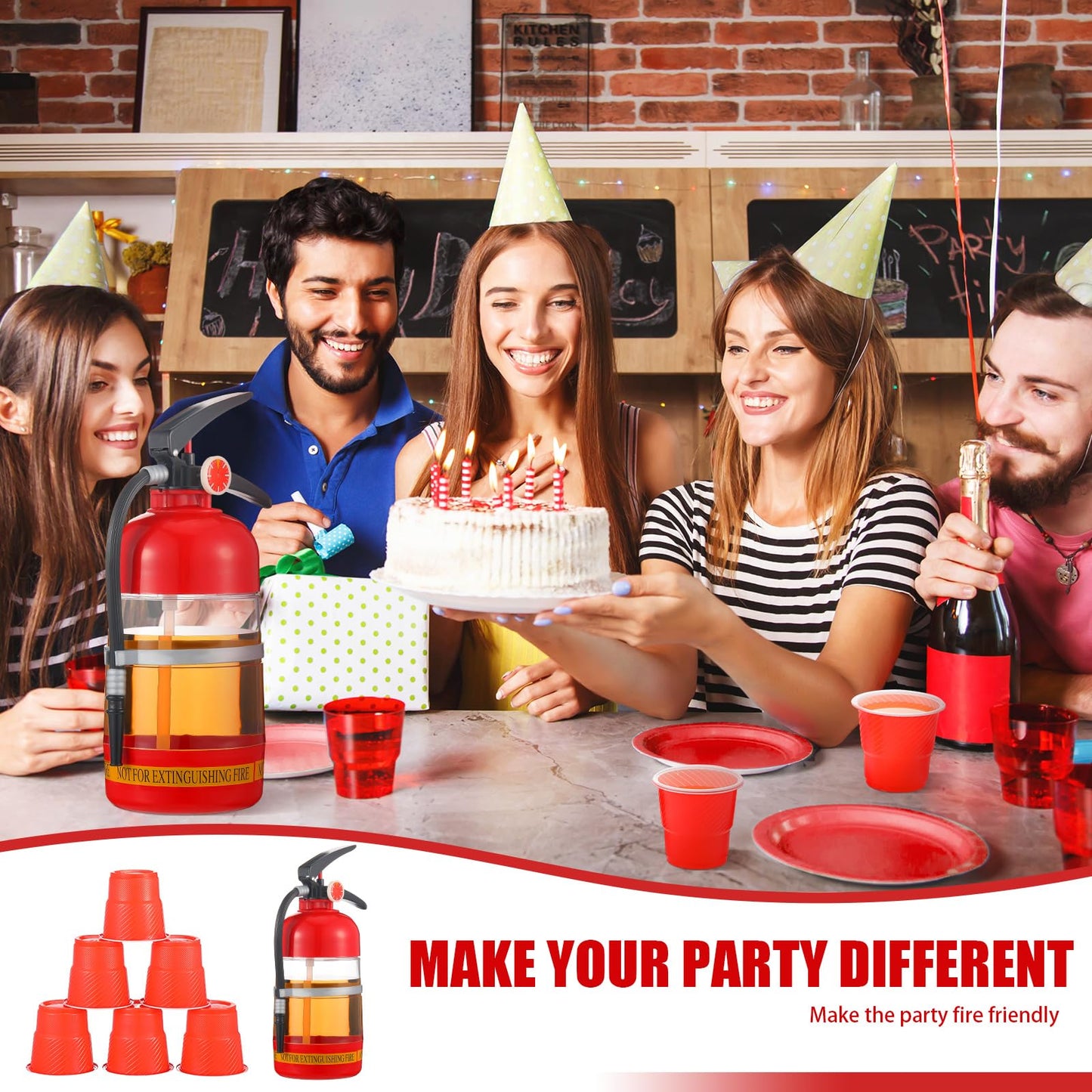 Potchen 2l/70oz Liquor Drink Dispensers Fire Extinguisher with 12 Cups Firefighter Firetruck Party Supplies Anything But a Cup Party Decoration Beverage Alcohol Dispenser Pump Gifts for Man Father Day