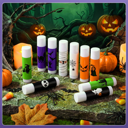 Siifert 20 Pcs Halloween Lip Balm Gifts Bulk Mummy Witch Ghost Black Cat Skull Lip Balm Favors 10 Styles Honey Flavor Spooky Party Supplies Halloween Treat Goodie Bag Stuffers for Adults Women Men