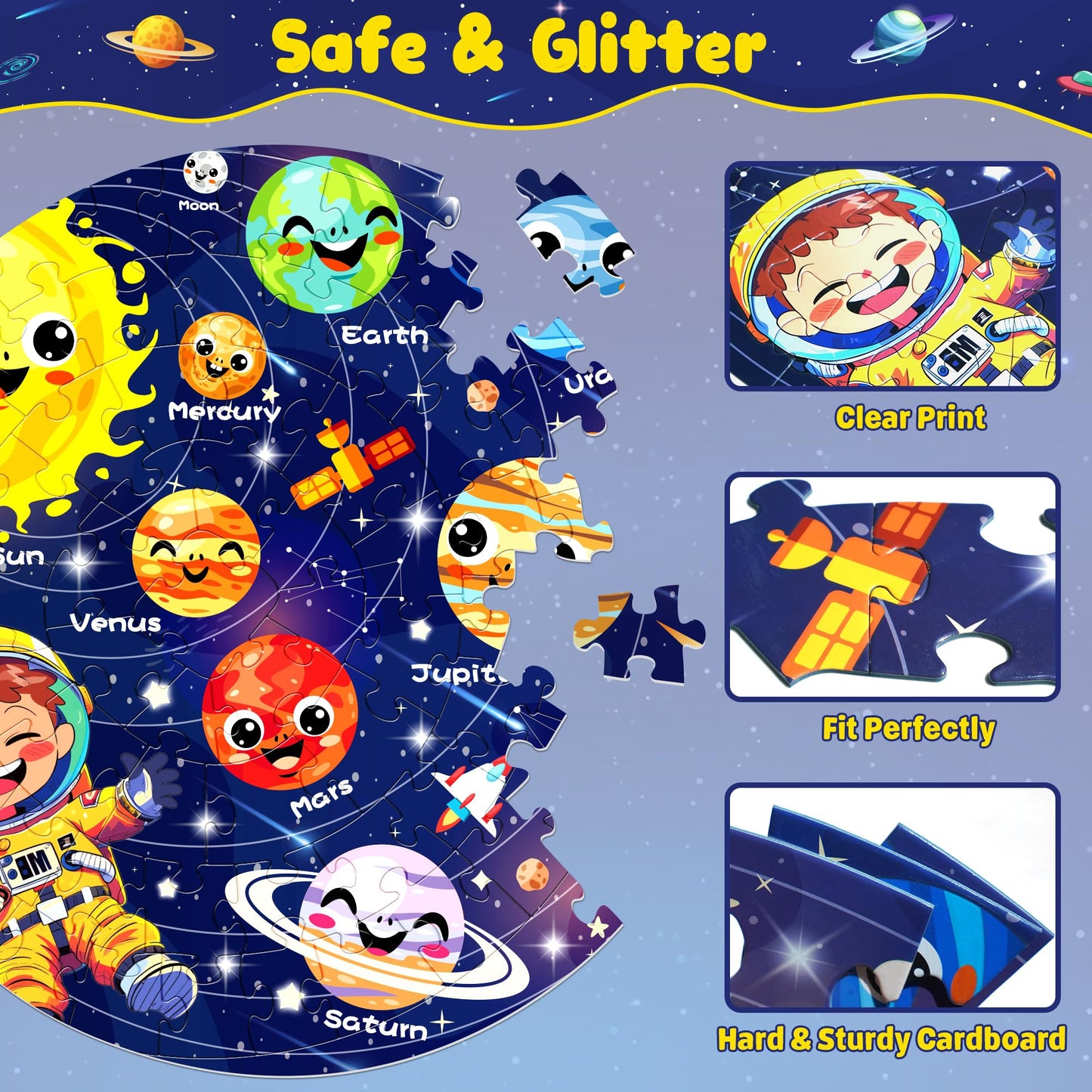 ZIZZ Puzzle for Kids Ages 4-6: Glow in The Dark Solar System Jigsaw Puzzles 70 Piece Space Planets Large Floor Puzzle for Kids 3-10 Years Old Educational Toy Gift for Boys Girls Birthday Christmas