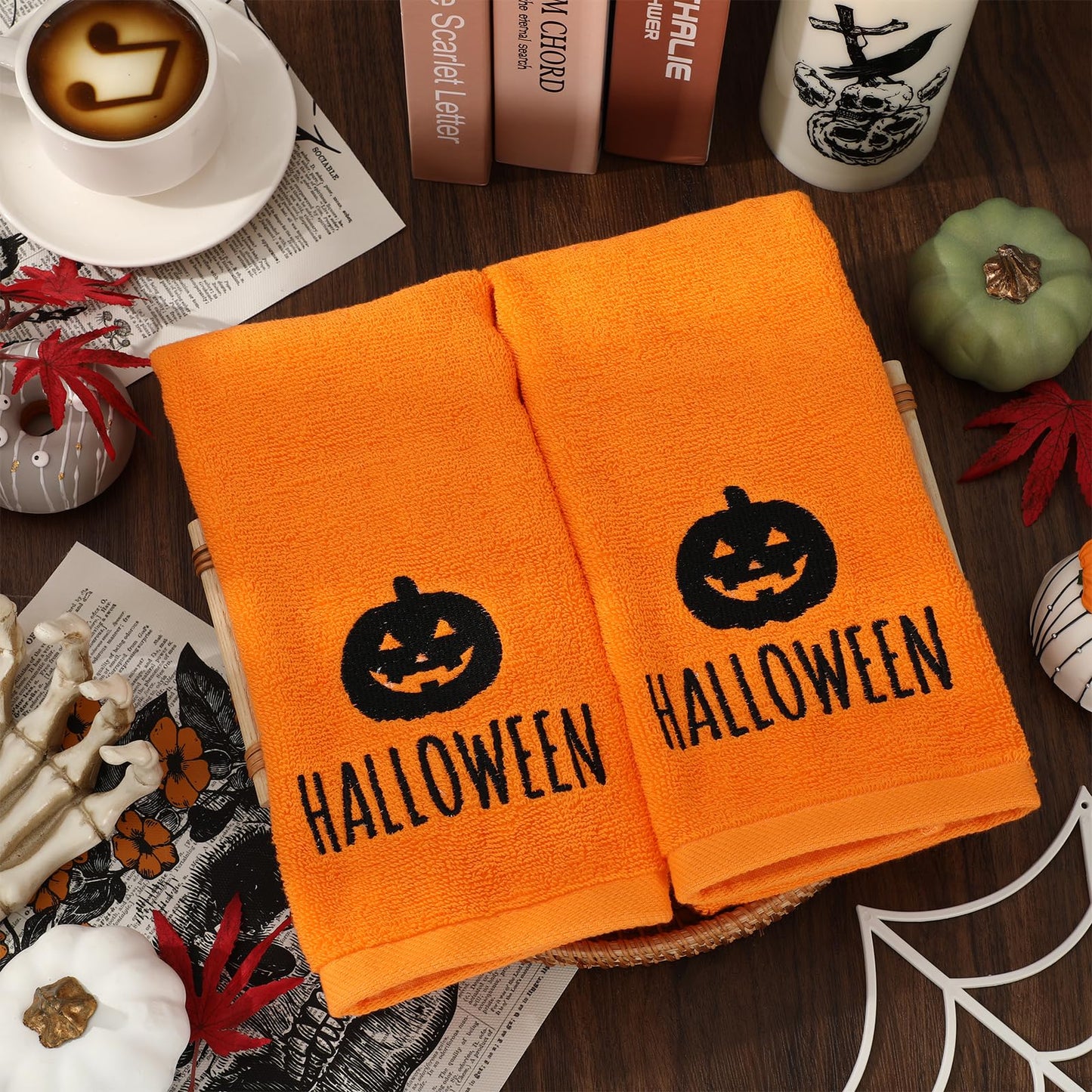 JarThenaAMCS 2Pcs Halloween Pumpkin Hand Towels Orange Black Embroidered Cotton Bathroom Towels Decorative Dish Towel for Drying Cleaning Cooking Holiday Decor, 29.5 x 13.8 Inch