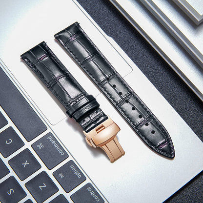 BINLUN Leather Watch Strap, Quick Release Genuine Leather Replacement Watch Band with Butterfly Deployment Buckle for Men and Women, 12mm-24mm(Black-Rose Gold,18mm)