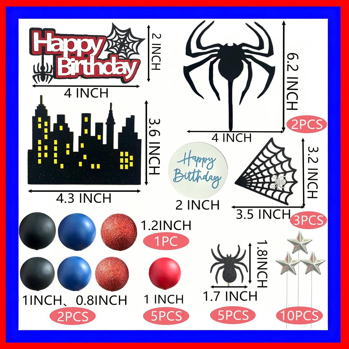 Tyotrbs 44PCS Spider Cake Topper Spider Web Cake Decoration Spiders Theme Cake Decor Happy Birthday Toppers Stars Red Blue Balls Cupcake Topper for Boys Men Baby Shower Hero Party Supplies