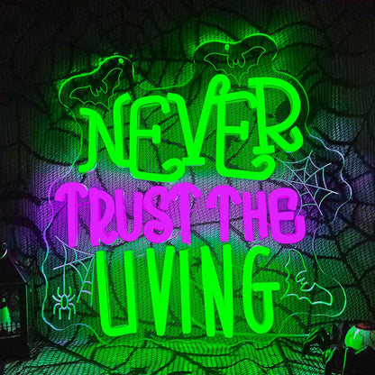 Ajoyferris Never Trust The Living Neon Sign Halloween Neon Signs for Wall Decor Dimmable Tombstone Led Sign Gothic Haunted House Neon Lights for Windows Halloween Party Decor