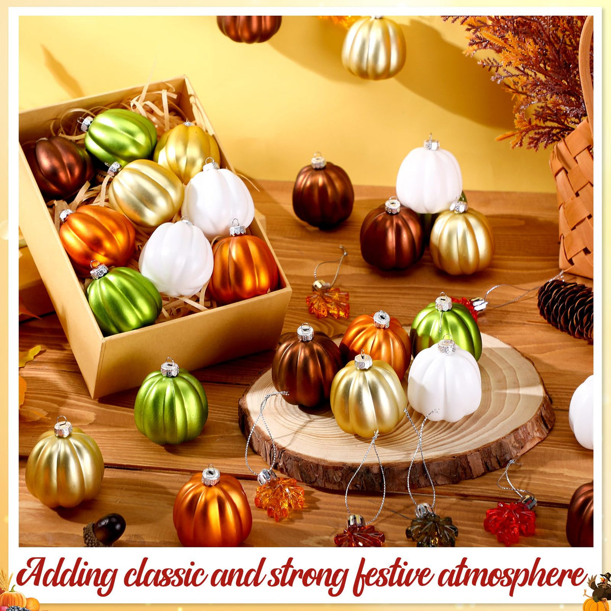 Vercraft 54 Pcs Fall Hanging Ornaments for Tree Pumpkin Maple Leaves Ornaments Plastic Hanging Pendant Autumn Decorations for Table Fireplace Christmas Tree Party Supplies