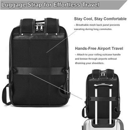 Yevabo Genuine Leather 15.6 Inch Laptop Backpack for Men, Multi Pocket Slim Daypack Shoulder Bag with Trolley Sleeve for Business Travel (Black)
