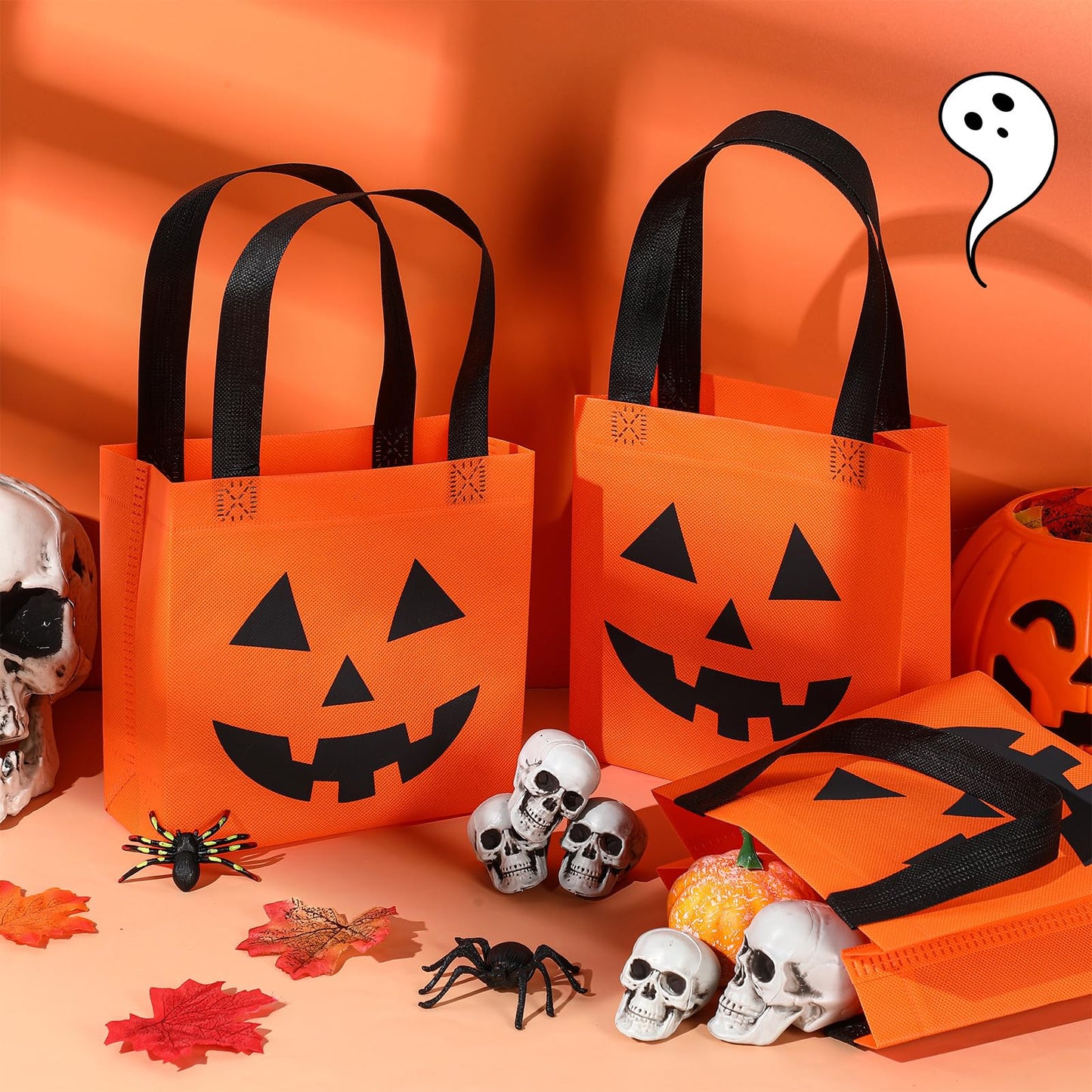 Silkfly 7.9 x 7.9 Inches Halloween Non Woven Bags Pumpkin Bags Trick or Treat Bags with Handles Goody Tote Gift Bag for Halloween Party Favors Supplies Kids Adults (50), (HAA-Silkfly-1274)