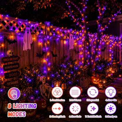 QITONG Orange and Purple Solar String Lights, 2 Pack Each 66ft 200 LED Halloween String Lights Outdoor Waterproof, 8 Modes Christmas Solar Twinkle Lights for Halloween Decor