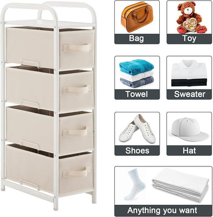 MAX Houser 4 Drawer Narrow Dresser Fabric Storage Tower Vertical Slim Storage Chest Organizer Nightstand Side/End Table Small Standing Organizer Removable Drawers Wood Top for Bedroom, Bathroom(Beige)