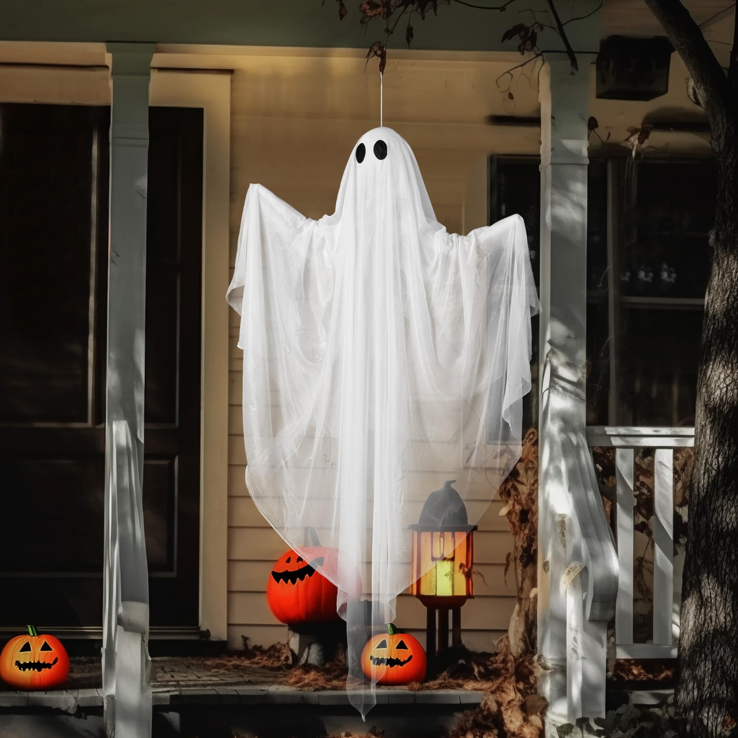 JOYIN Halloween Hanging Light up Ghost, 47" White Ghosts with Cold White LED Light and Timer Halloween Hanging Decoration Waterproof for Front Yard Patio LawnGarden Party Decor Indoor Outdoor