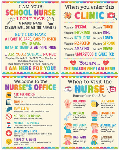 Lalunia 4 Pcs School Nurse Poster - 11"x16", When You Enter This Clinic, Health Office Posters for Office Bulletin Board Decorations, Education Back to School Nurses Supplies