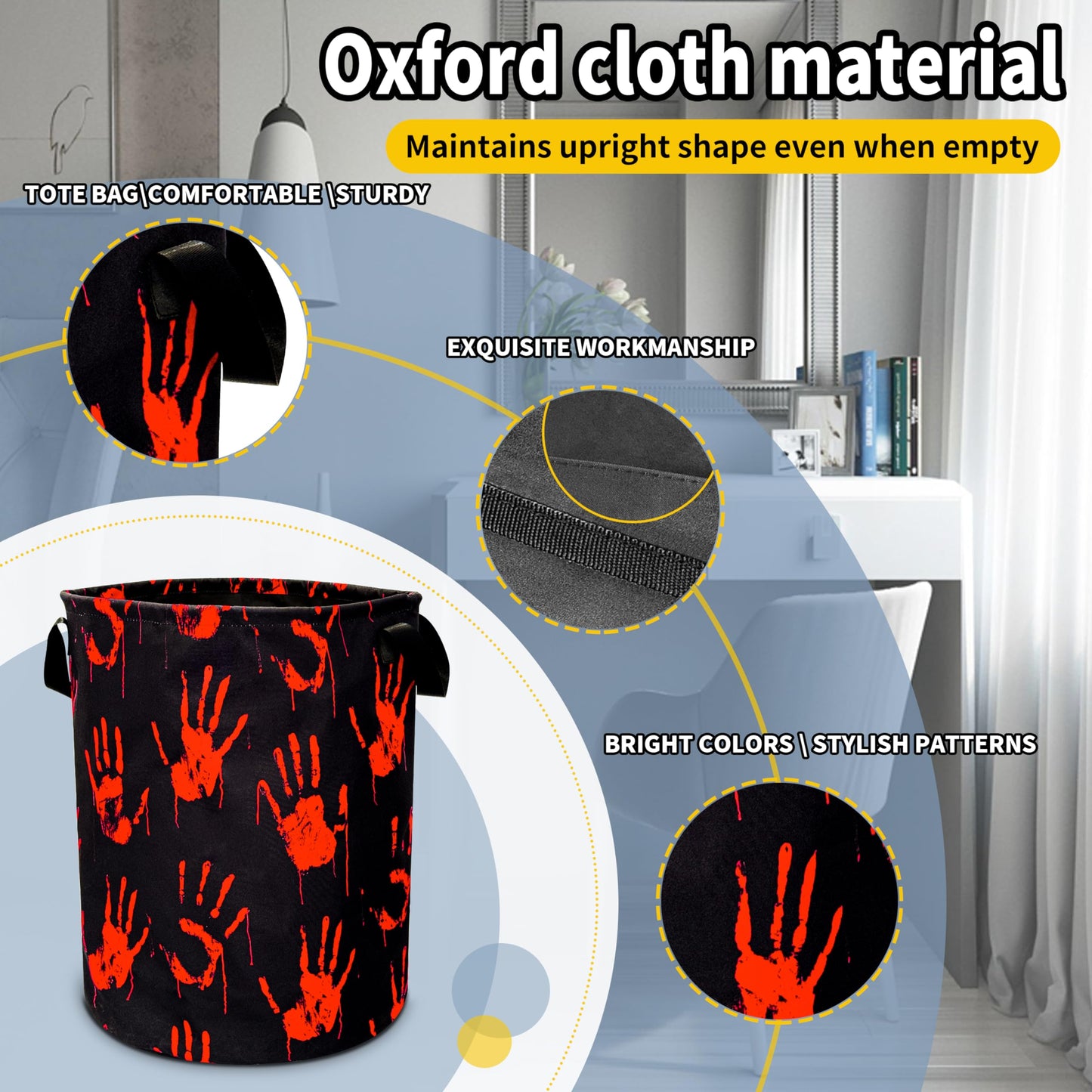 Blood Spatter Hand Print Laundry Basket Blood Drop Pattern Foldable Oxford Cloth Funny Tote Bag Laundry Hamper Clothes Storage Bucket Organizer For Bathroom/Laundry/Bedroom 18.9x16.5in