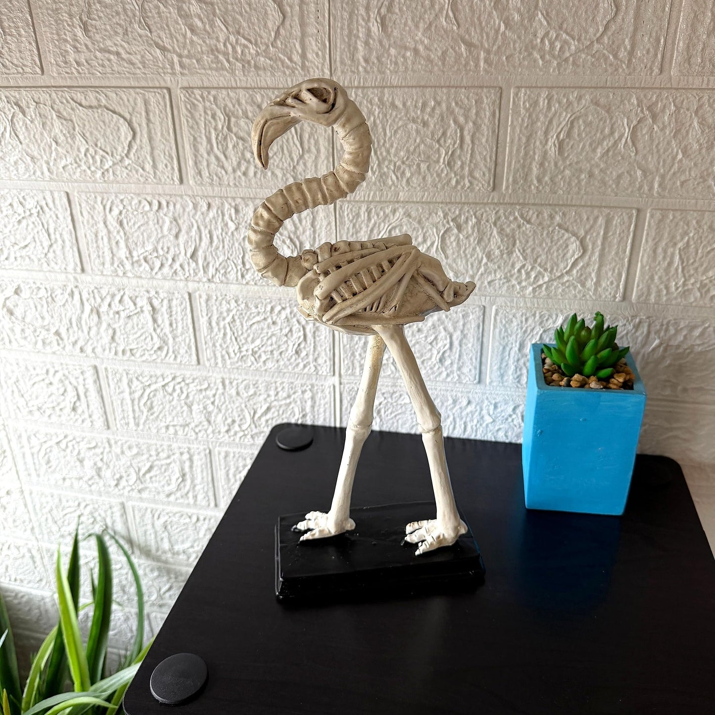 Fancy That Flamingo Skeleton Statue 12 Inch Resin Tabletop Sculpture with Distressed Bone White Finish and Black Base, Eclectic Coastal Bird Decor Accent for Shelf Desk Mantel