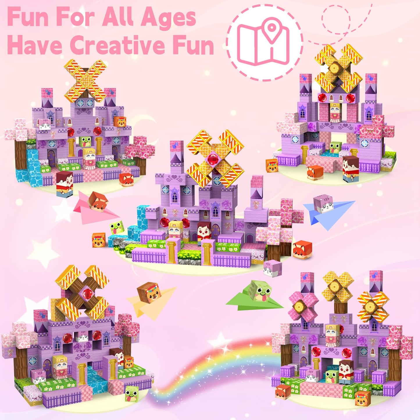 Gryxpox 200 PCS 0.8in Magnetic Blocks, Magnetic Building Cubes, Build Pink Castle World Set,Stacking Magnets, STEM Sensory Toys for Ages 3+ Toddlers Kids Girl Boys Easter Birthday Gifts