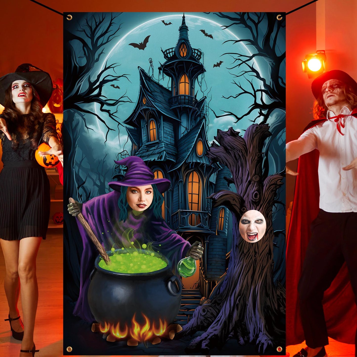 Lunmon 6 x 4 ft Halloween Photography Backdrop Horror Night Background Large Photo Door Banner Scary Witch Backdrops for Halloween Party Photo Props with Head Cutout Party Decoration Supplies