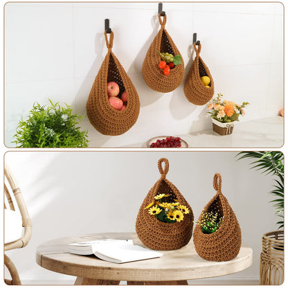 Boho Decor Hanging Fruit Baskets for Kitchen - 3 Pack Wall Hanging Basket with 6 Pcs Strong Hooks, Handwoven Hanging Holder Teardrop Produce Basket for Fruits Vegetable Potato Onion Storage (Linen)