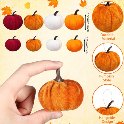 Sotiff 24 Pcs Fall Mini Tree Ornaments Pumpkin Hanging Ornaments Glitter Foam Ball Fabric Wrapped Small Fake Pumpkins Mini Ball for Autumn Home Thanksgiving Christmas Decors (Rustic)