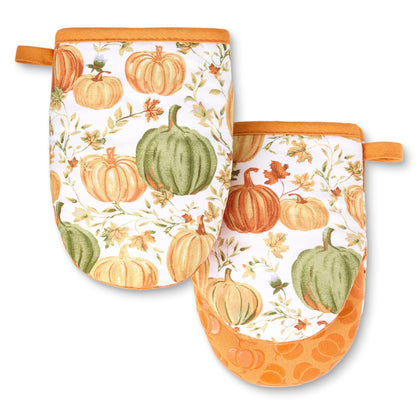 MARTHA STEWART Autumn Harvest Pumpkins Mini Oven Mitt 2-Pack Set, 100% Cotton with Decorative Non-Slip Silicone Grip, Heat Resistant, Orange/Green/Ivory, 5.5"X8"