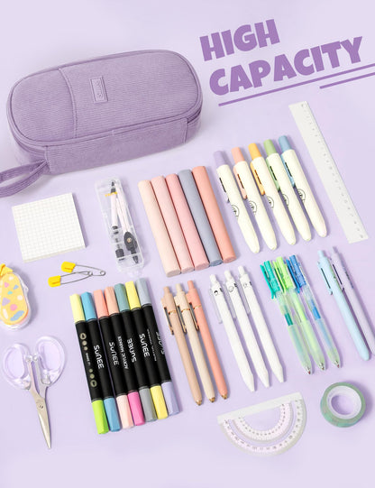 SUNEE Cute Pencil Case, Large Pencil Pouch, Soft Corduroy Fabric Big Pencil Bag with Zipper, Kawaii Pen Bag Stationery Storage and Organizer, School Supplies for Teen, Student, Boys,Girls, Soft Purple