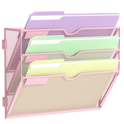 SUPEASY 3 Tier Wall File Organizer, Hanging Wall Mounted Mail Organizer with Label Slots, Metal Mesh File Holder Magazine Rack for Office, Home, School, Pink