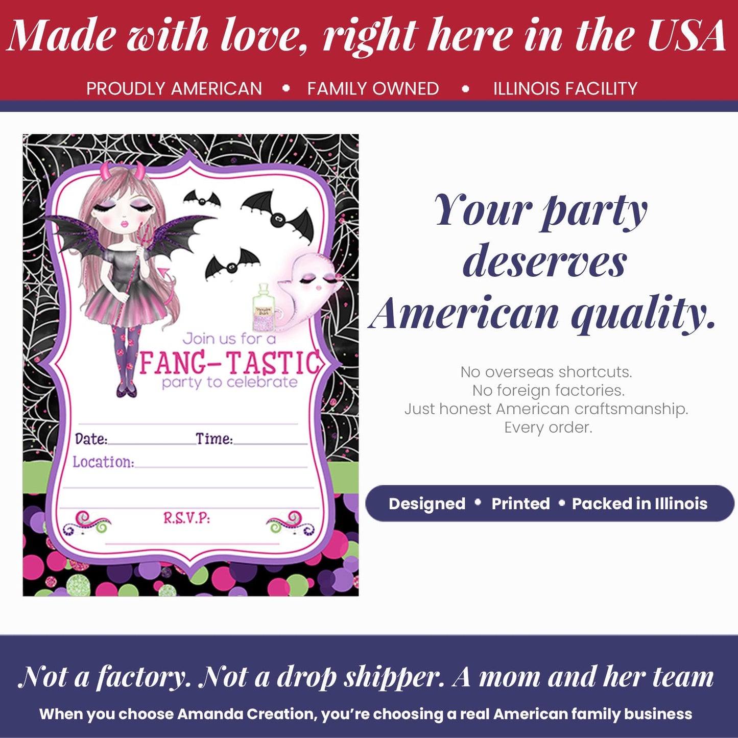 Fang-tastic Vampire Girl Halloween Theme 20 Birthday Invitations 5x7 Fill-In Cards with Envelopes, Kids Party Stationery Set, Cute Ghost Bat Polka Dot Spider Web Design, Made in USA by Amanda Creation