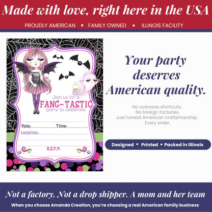 Fang-tastic Vampire Girl Halloween Theme 20 Birthday Invitations 5x7 Fill-In Cards with Envelopes, Kids Party Stationery Set, Cute Ghost Bat Polka Dot Spider Web Design, Made in USA by Amanda Creation