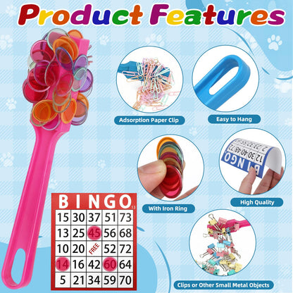 Coopay Magnetic Bingo Wand Chip and Game Card Set - 2 Pack Magnetic Wands, 200 Colorful Metal Chips, 48 Bingo Paper Cards for Kids Classroom Science Learning Counting Family Game Night Educational