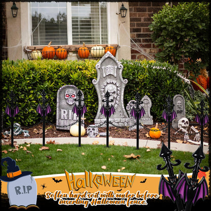 Vercraft 10 Pack Halloween Fence for Garden Outdoor Halloween Yard Decorations Lawn Stake with Connecting Chain Spooky Cemetery Decor for Outdoor Yard Graveyard Pathway Haunted House Party(Bat)