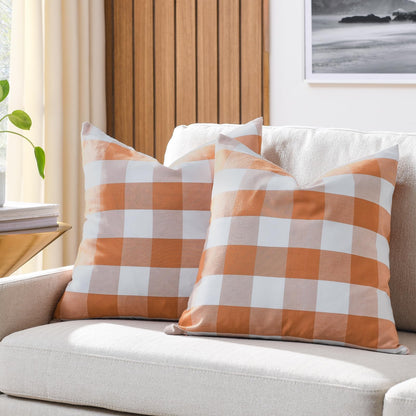 Volcanics Fall Pillow Covers 20x20 Inches Set of 2, Orange and White Farmhouse Buffalo Check Plaid Throw Pillow Covers, Halloween Outdoor Decorative Cushion Pillowcase for Couch Home Decor