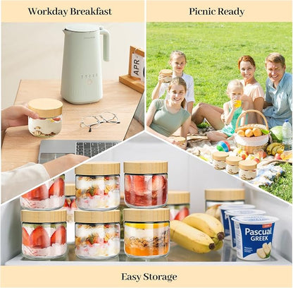 TBWIND 12 Pack 10oz Glass Jars with Bamboo Lids, Spoons, Airtight Overnight Oats Containers, Salad & Yogurt Storage, Mason Jars for Snacks, Spices, Meal Prep – Reusable