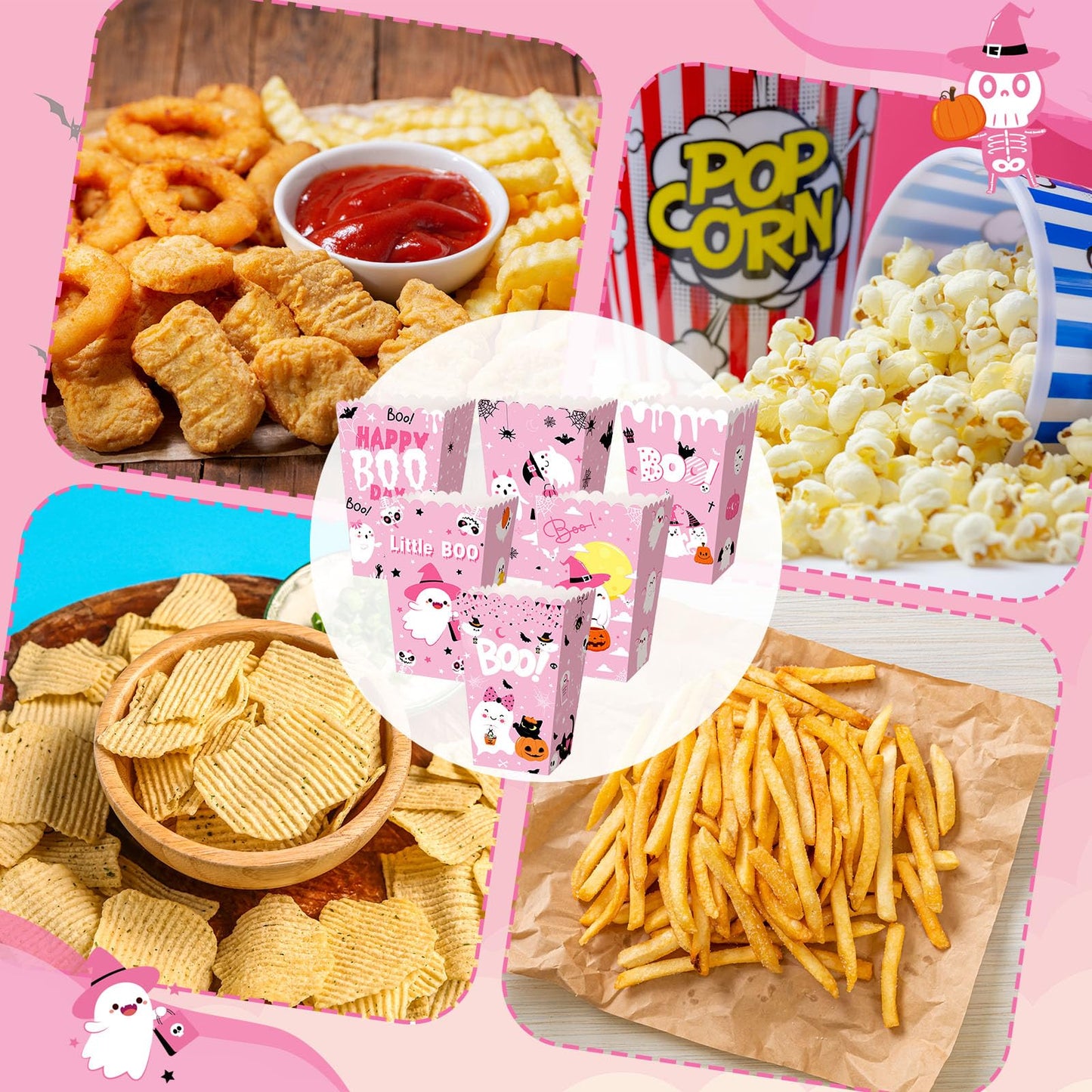 Gueevin 24 Pcs Halloween Popcorn Boxes Pink Ghost Treat Boxes Candy Cookie Holder Container for Halloween Party Favors Supplies Decorations