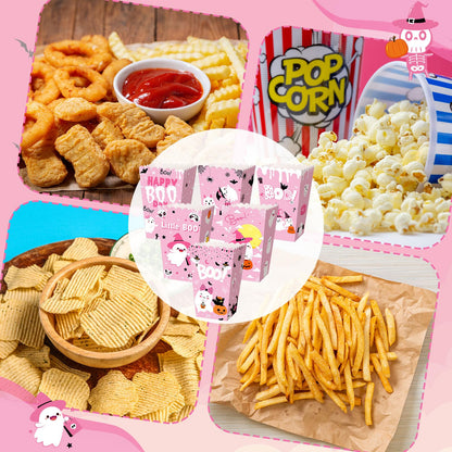 Gueevin 24 Pcs Halloween Popcorn Boxes Pink Ghost Treat Boxes Candy Cookie Holder Container for Halloween Party Favors Supplies Decorations