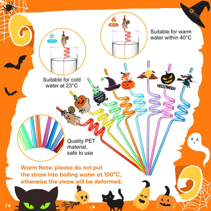 Potchen 80 Pcs Halloween Party Favors Straws Reusable Plastic Straws for Halloween Pumpkin Ghost Witch for Party Favors Supplies Birthday Decoration