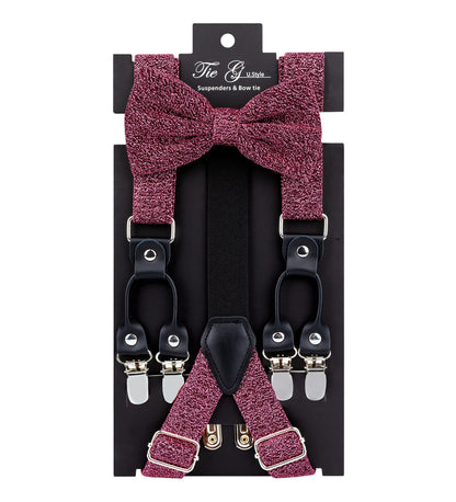 TIE G Men's Glitter Velvet Suspender + Bow Tie Set for Wedding, Party : Glittering Effects, Adjustable Braces, Strong 6 Clips (Twinkle Rose Pink)